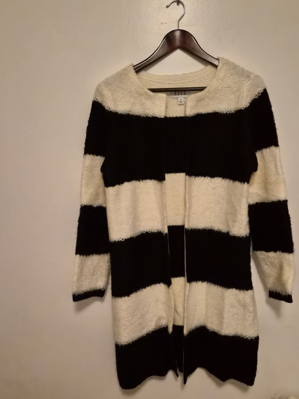 ELLE Striped Open-Front Long Cardigan Sweater - Black & Cream